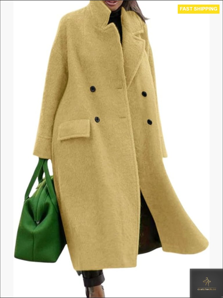 Wool Blend Oversized Long Winter Pea Coat Double Breasted Notch Lapel Trench